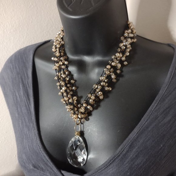 Very Pretty 19 Inch Black Fabric And Orangish Glass Bead Necklace - Picture 2 of 12